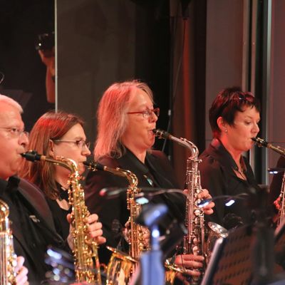 Bild vergrößern: Klaus Reiser, Daniela Riedel, Suzanne Richter, Sabine Lepp und Ulrike Lindenfelser auf einem BigBand-Konzert beim Spielen des Saxophones