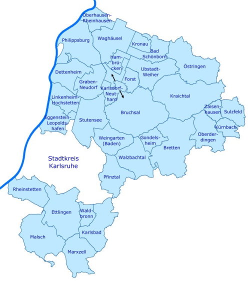 Bild vergrößern: Abbildung des Landkreises Karlsruhe mit seiner Gesamtgemarkungsgrenze und den Gemarkungen der einzelnen Städte und Gemeinden