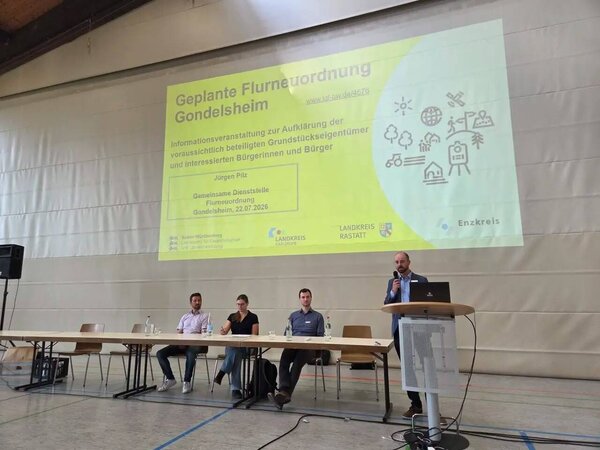 Bild vergr&ouml;&szlig;ern: J�rgen Pilz (rechts), Leiter der Flurneuordnungsbeh�rde im Landratsamt Karlsruhe, stellte den Gondelsheimer B�rgerinnen und B�rgern die Ziele und den Ablauf eines Flurneuordnungsverfahrens vor.