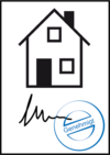 Piktogramm zur Verdeutlichung von Inhalten in Leichter Sprache das ein Dokument mit dem Bild eines Hauses und dem Stempel Genehmigt zeigt