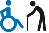 Piktogramm zur Verdeutlichung von Inhalten in Leichter Sprache das eine Person im Rollstuhl und eine Person mit Gehstock zeigt
