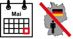 Piktogramm zur Verdeutlichung von Inhalten in Leichter Sprache das ein Kalenderblatt und eine Person die aus Deutschland weggeht zeigt