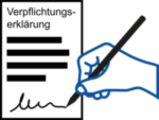 Piktogramm zur Verdeutlichung von Inhalten in Leichter Sprache das zeigt, wie eine Verpflichtungserklärung unterzeichnet wird