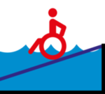 Piktogramm zur Verdeutlichung von Inhalten in Leichter Sprache das eine Rampe in ein Schwimmbecken zeigt, über die eine gehbehinderte Person ins Wasser rollt