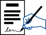 Piktogramm zur Verdeutlichung von Inhalten in Leichter Sprache das ein Dokument zeigt, welches gerade unterzeichnet wird