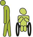 Piktogramm zur Verdeutlichung von Inhalten in Leichter Sprache das ein depressive Person und eine Person im Rollstuhl zeigt