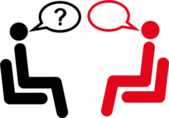 Piktogramm zur Verdeutlichung von Inhalten in Leichter Sprache das zwei Personen in einem Beratungsgespräch zeigt