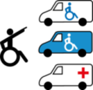 Piktogramm zur Verdeutlichung von Inhalten in Leichter Sprache das einen Rollstuhlfahrer zeigt, der sich für eines von drei Fahrtunternehmen entscheidet