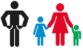 Piktogramm zur Verdeutlichung von Inhalten in Leichter Sprache das einen Vater mit leeren Hosentaschen sowie eine Mutter mit Kindern zeigt