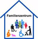 Piktogramm zur Verdeutlichung von Inhalten in Leichter Sprache das Personen in verschiedenen Lebenssituationen und Altersstadien in einem Gebäude mit der Aufschrift Familienzentrum zeigt