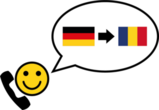 Piktogramm zur Verdeutlichung von Inhalten in Leichter Sprache das einen Telefondolmetscher von Deutsch in Rumänisch zeigt