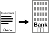 Piktogramm zur Verdeutlichung von Inhalten in Leichter Sprache, das zeigt, dass man der Bank eine Bescheinigung gibt 