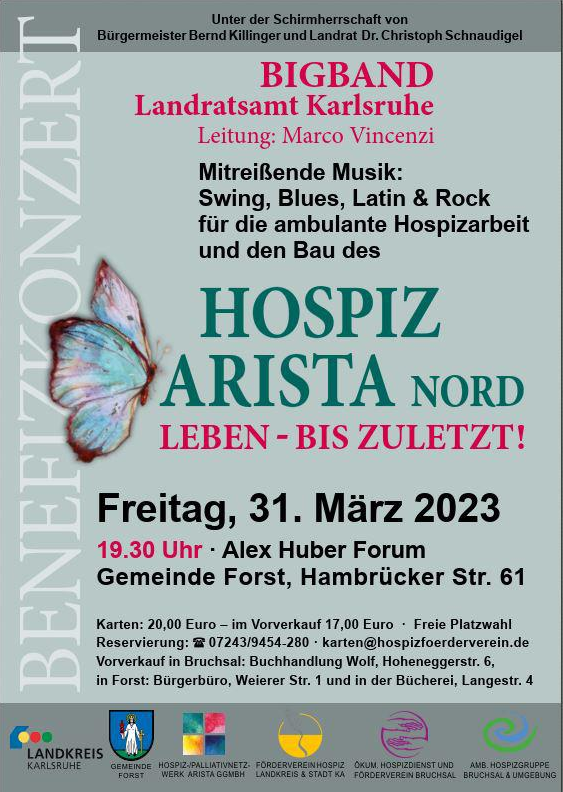 Bild vergrößern: Plakat zum Benefitkonzert der BigBand des Landratsamtes Karlsruhe zugunsten des Hospizes Arista Nord in Bruchsal am 31.03.2023