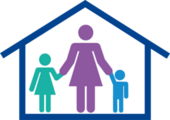 Piktogramm zur Verdeutlichung von Inhalten in Leichter Sprache, das eine Frau mit zwei Kindern in einem Haus zeigt
