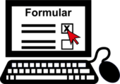 Piktogramm zur Verdeutlichung von Inhalten in Leichter Sprache, das einen Computer mit einem Online-Formular auf dem Bildschirm zeigt