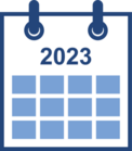 Piktogramm zur Verdeutlichung von Inhalten in Leichter Sprache, das einen Kalender mit der Jahreszahl 2023 zeigt