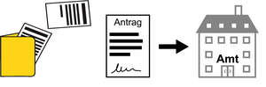Piktogramm zur Verdeutlichung von Inhalten in Leichter Sprache welches zeigt, dass man Unterlagen an das amt senden soll.