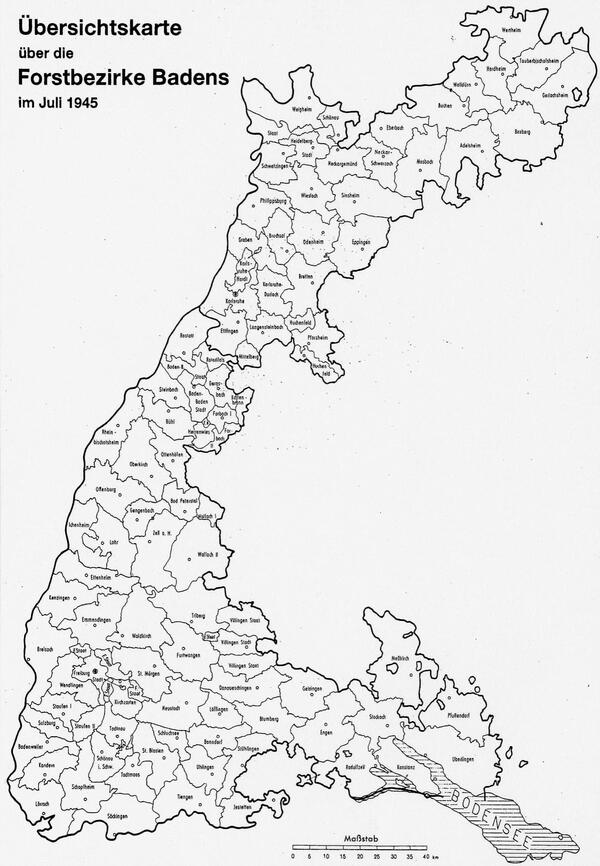 Übersichtskarte der badischen Forstbezirke 1945