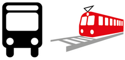 Piktogramm zur Verdeutlichung von Inhalten in Leichter Sprache, das einen Bus und einen Zug auf Schienen zeigt