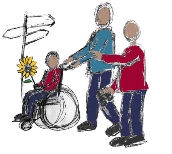 Bild vergrößern: Das Logo zeigt ein Kind im Rollstuhl, welches von einer erwachsenen Person geschoben wird. Daneben läuft eine weitere Person, die ein Fernglas hält und nach vorne zeigt.